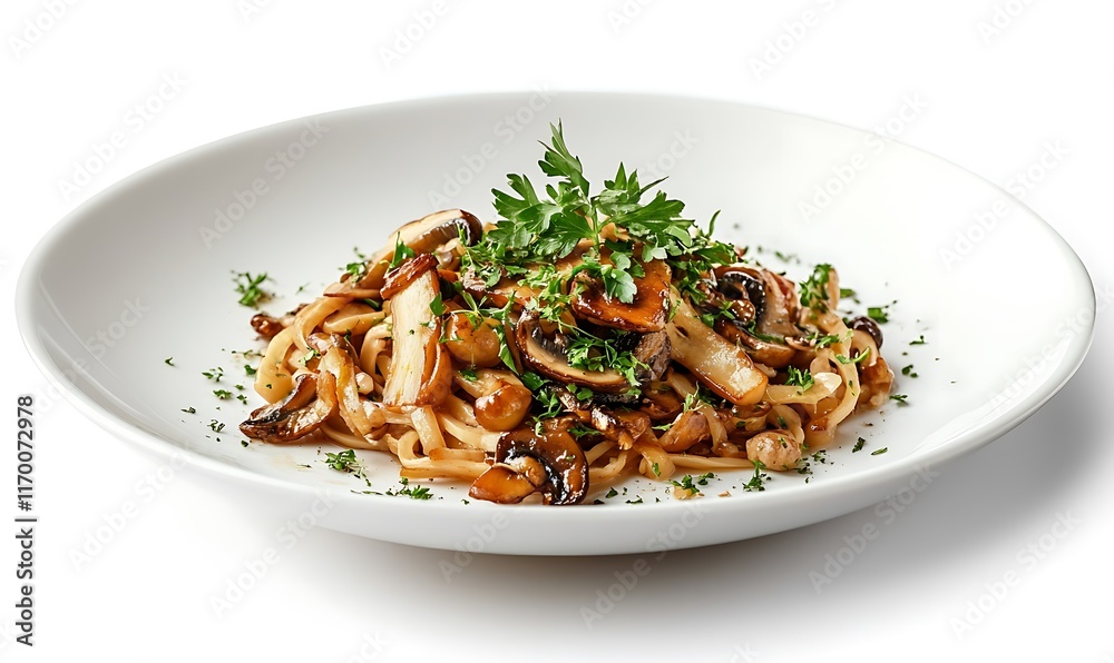 A plate of pasta topped with mushrooms and herbs, showcasing a delicious meal. A plate of pasta topped with mushrooms and herbs, showcasing a delicious meal.