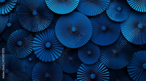 Abstract blue pleated paper circles background.