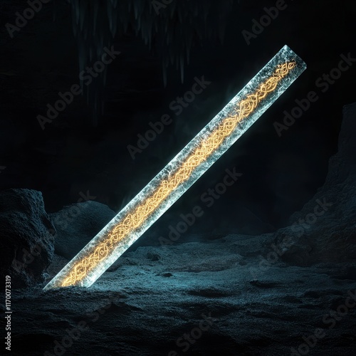 Sword with intricate runes etched into the blade, glowing softly with magical energy, set in a mystical cave, fantasy art, high detail, watercolor style. photo