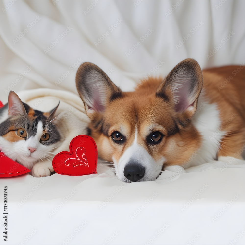 Obraz premium couple of furry friends corgi dog and calico cat lie next to red heart on valentine's day, couple friends corgi dog and calico cat lie next to red heart on valentine's day.