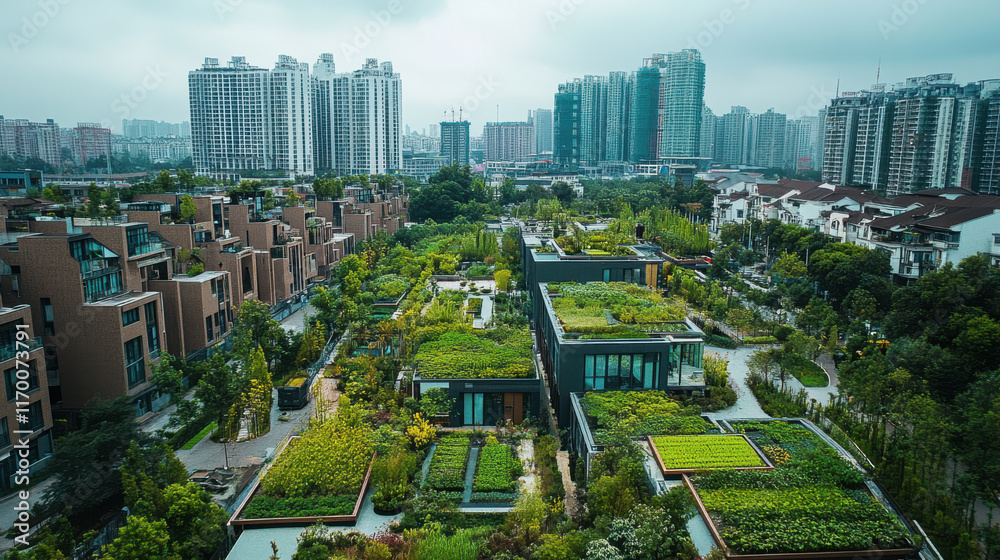 Obraz premium panoramic view of city featuring green rooftops and urban gardens