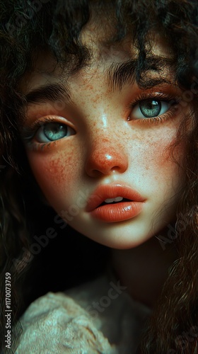 Close-up Portrait of a Girl with Freckles and Curly Hair