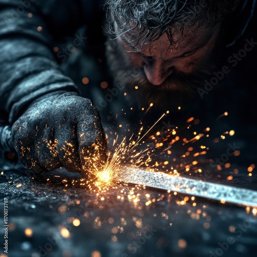 Medieval warrior sharpening a sword on a grindstone, glowing metal and sparks flying, warm ambient lighting, highly detailed, oil painting style.