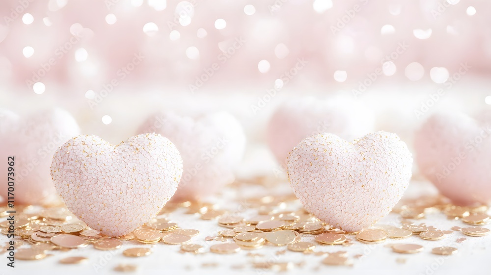 Obraz premium Romantic Pink Hearts Gold Confetti Valentine s Day