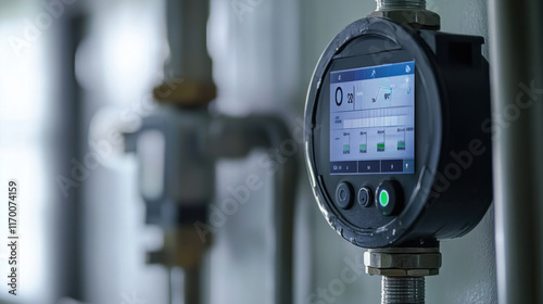 close up of smart water meter displaying usage data and metrics