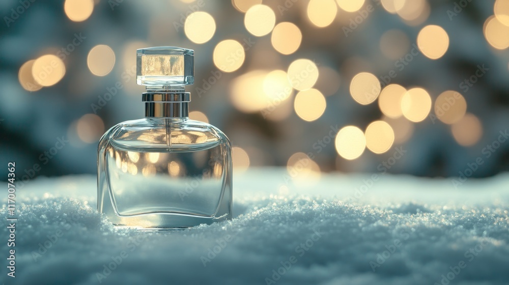 Perfume bottle in snow with bokeh lights. Perfume bottle in snow with bokeh lights.