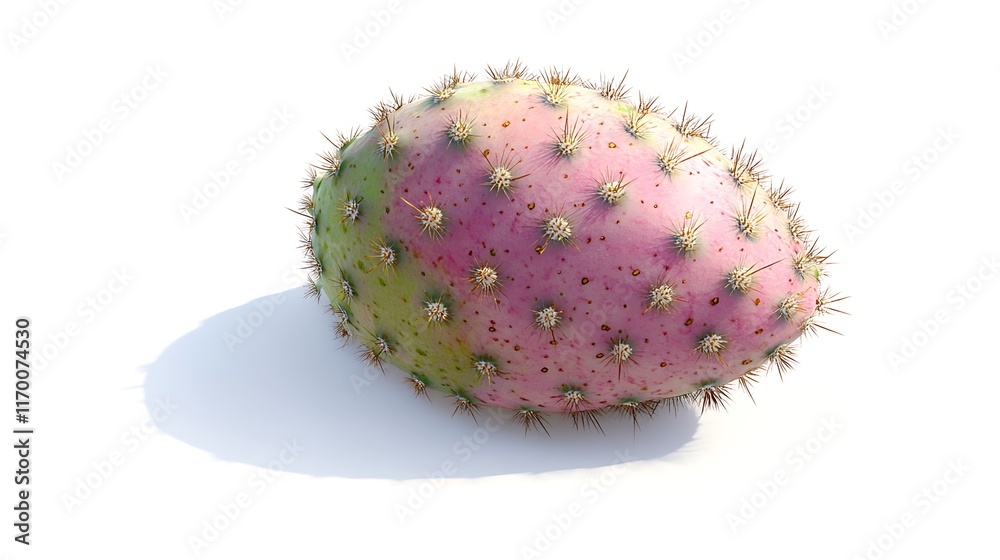 A prickly pear cactus fruit with a pinkish hue and small spines. A prickly pear cactus fruit with a pinkish hue and small spines.