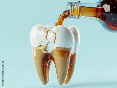 Illustration of a human molar model after drinking sweet water, soda, causing damage to the teeth	

