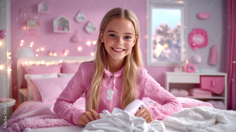 Joyful girl smiling in a pink bedroom family home photography cozy environment indoor viewpoint happiness concept Joyful girl smiling in a pink bedroom family home photography cozy environment indoor viewpoint happiness concept