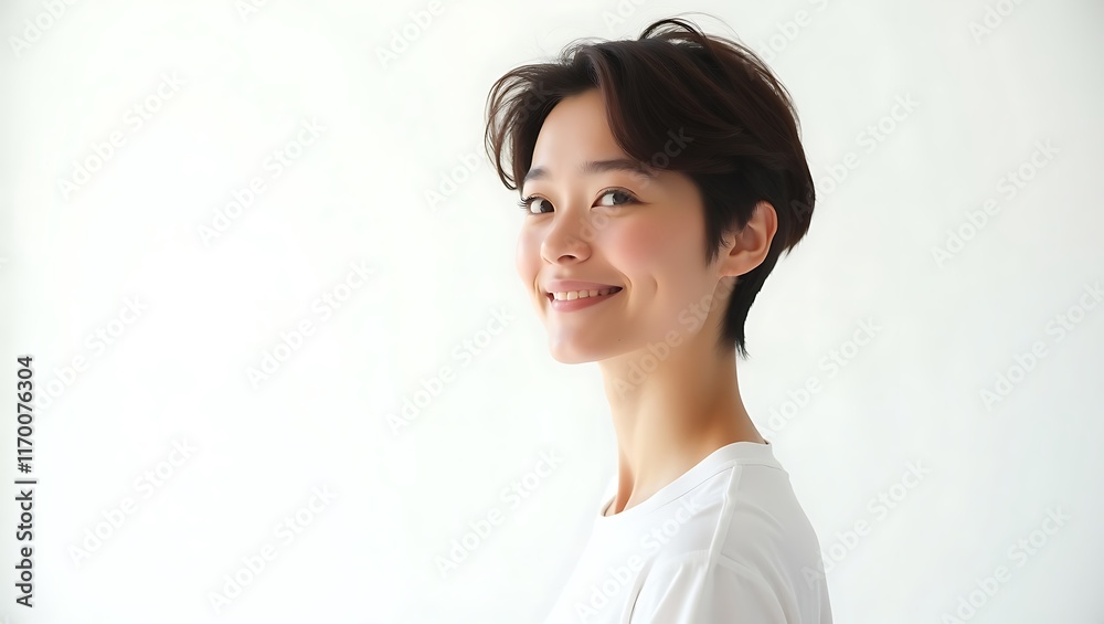 Portrait of a Smiling Young Woman with Short Hair Against a White Background Portrait of a Smiling Young Woman with Short Hair Against a White Background