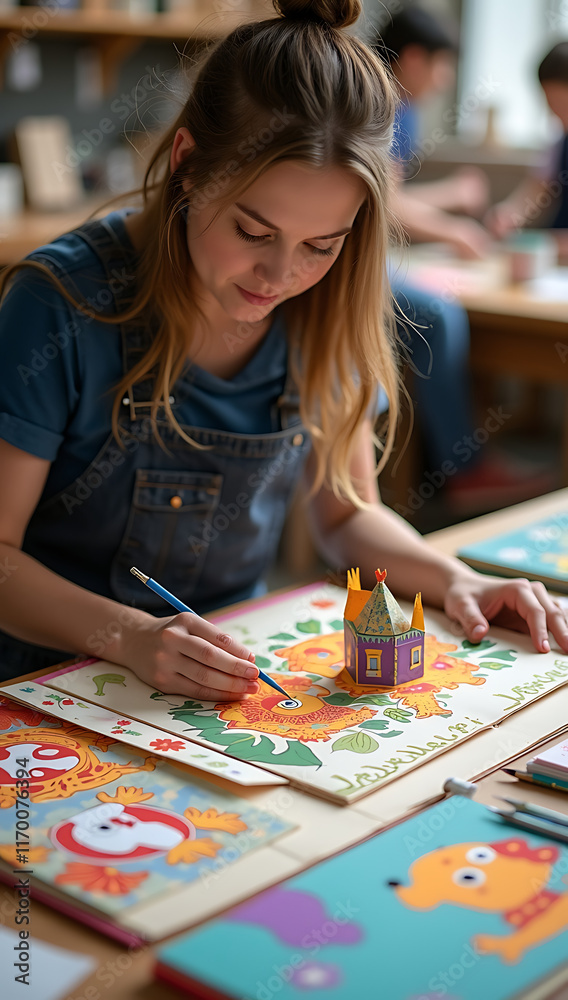 “A Professional Paper Engineer Creating Interactive Pop-Up Books” – A skilled artisan assembling intricate pop-up designs for a children’s book, surrounded by colorful paper and crafting tools in a wo “A Professional Paper Engineer Creating Interactive Pop-Up Books” – A skilled artisan assembling intricate pop-up designs for a children’s book, surrounded by colorful paper and crafting tools in a wo