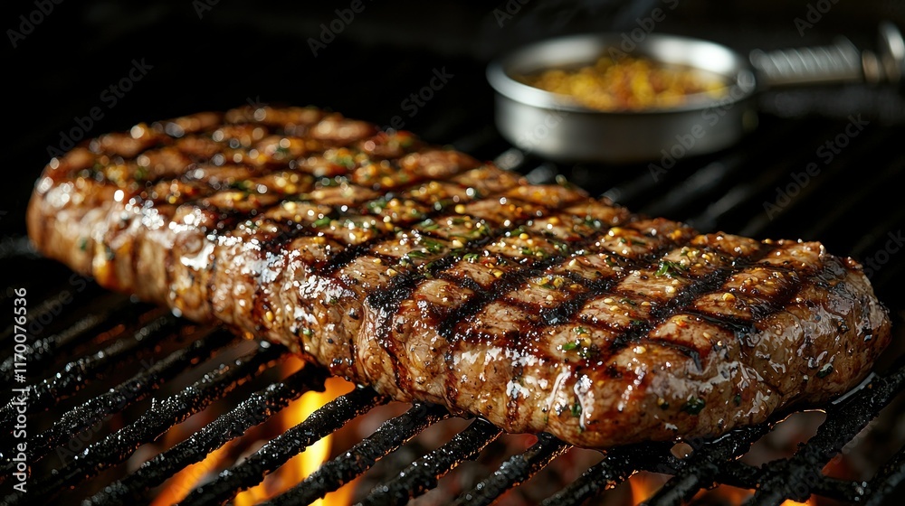 Grilled steak on a barbecue, showcasing delicious food. Grilled steak on a barbecue, showcasing delicious food.