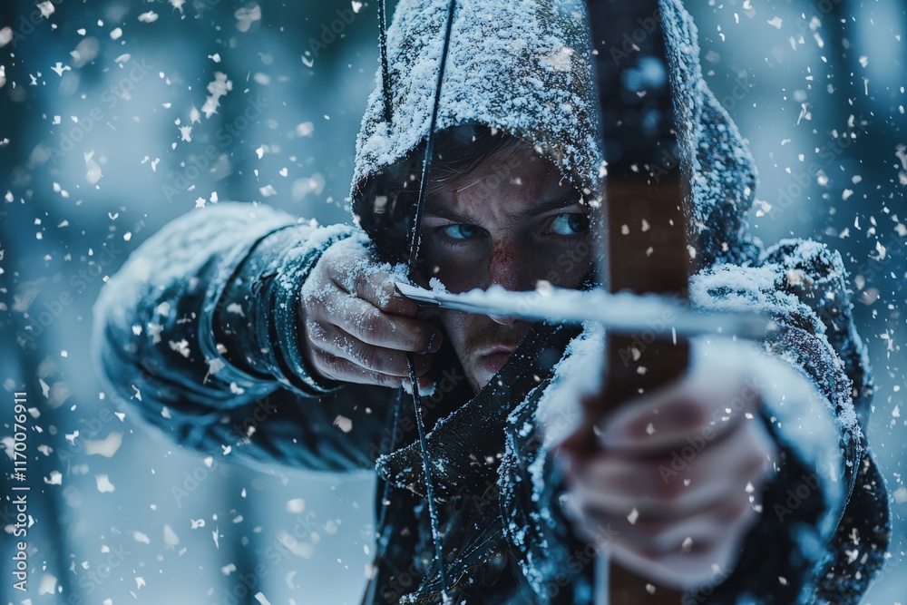 Fototapeta premium an archer hunting with bow and arrow in a snowy landscape