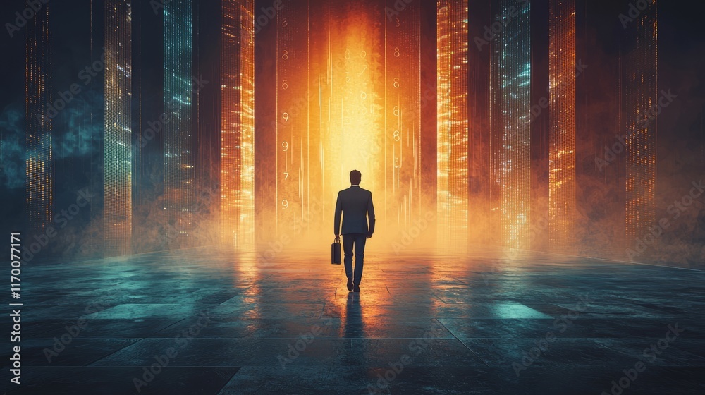 Businessman Walking Towards Digital Transformation Portal