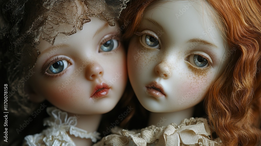 Obraz premium Two Porcelain Dolls: A Close-Up Portrait of Innocence and Friendship