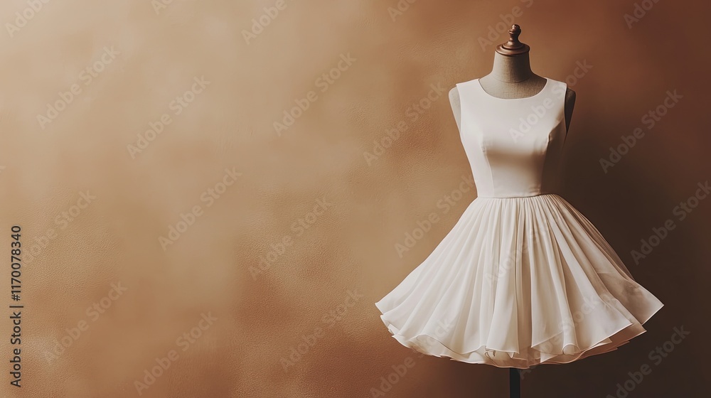 White dress on a mannequin against a mottled brown background. White dress on a mannequin against a mottled brown background.
