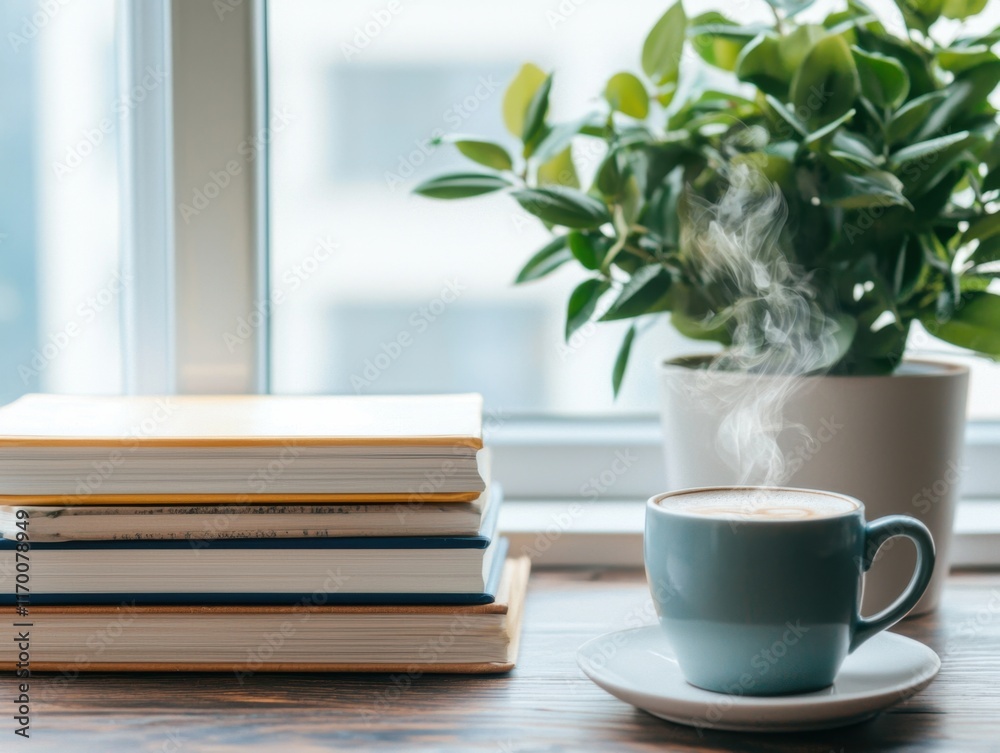 Cozy Coffee Cup with Steaming Beverage Beside Stacked Books and Plant Cozy Coffee Cup with Steaming Beverage Beside Stacked Books and Plant