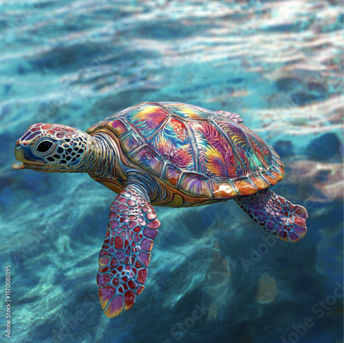 3D colorful turtle swimming in the ocean photo