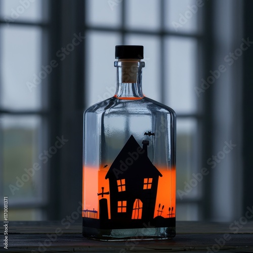 Halloween-themed bottle with a haunted house silhouette, glowing orange mist inside, beautiful and unique display item
