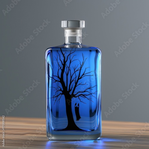 Beautiful Halloween bottle with a ghostly tree silhouette, filled with shimmering blue mist, unique and captivating display item