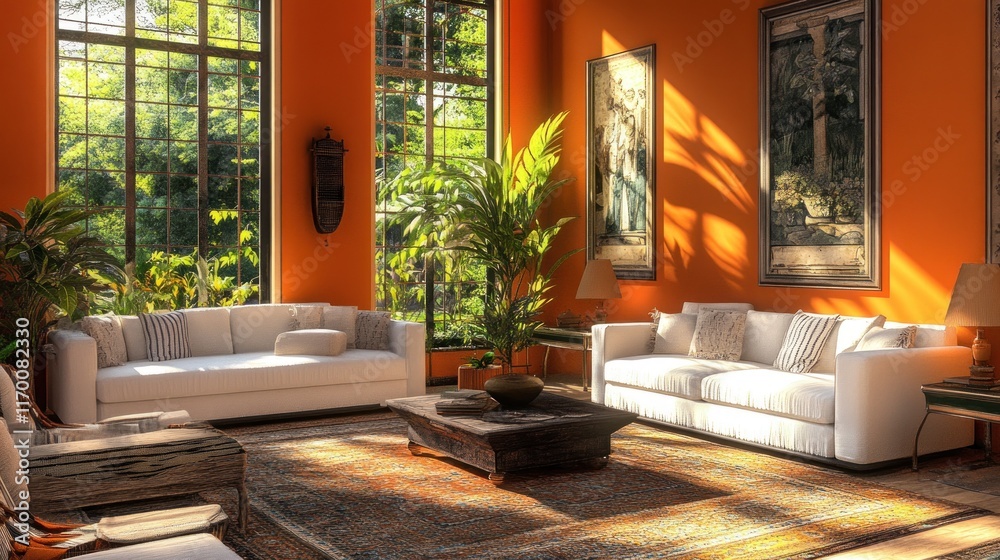 Fototapeta premium A bright and inviting living room with large windows, plants, and comfortable seating.