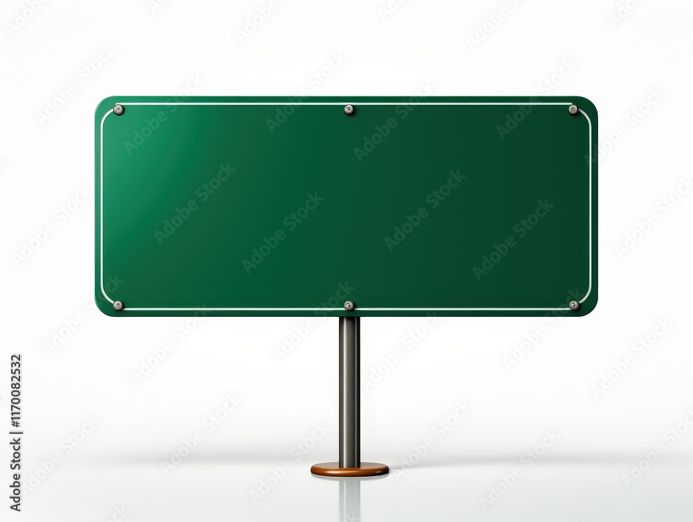 Empty Green Road Sign on a Simple Stand, Blank Space for Custom Text, Isolated on a Clean White Background for Use in Various Design Projects Empty Green Road Sign on a Simple Stand, Blank Space for Custom Text, Isolated on a Clean White Background for Use in Various Design Projects