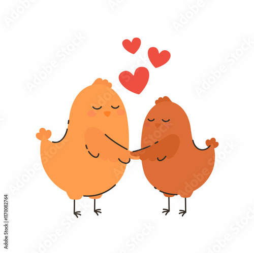 A couple of cute chicks in love. Flat vector illustration.