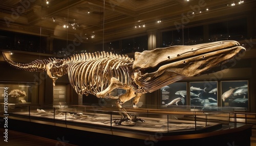 Whale skeleton museum exhibit, nighttime display