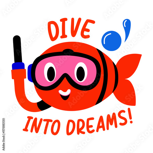 A flat sticker of a cute fish character wearing a snorkel mask with text "dive into dreams"


