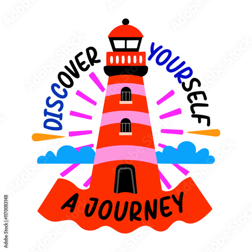 Flat sticker of a light tower with the text "discover yourself, a journey"

