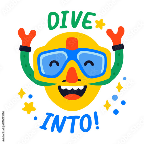 A flat sticker of a happy snorkelling character 
