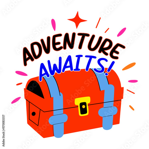 Flat sticker of a treasure chest with text "adventure awaits"

