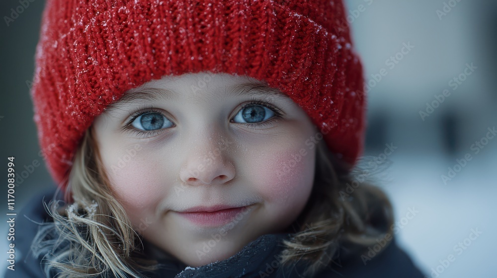 Charming Child Portrait with Blue Eyes and Red Knit Hat in Winter Wonderland Setting, Smiling Amidst Snowy Background Charming Child Portrait with Blue Eyes and Red Knit Hat in Winter Wonderland Setting, Smiling Amidst Snowy Background