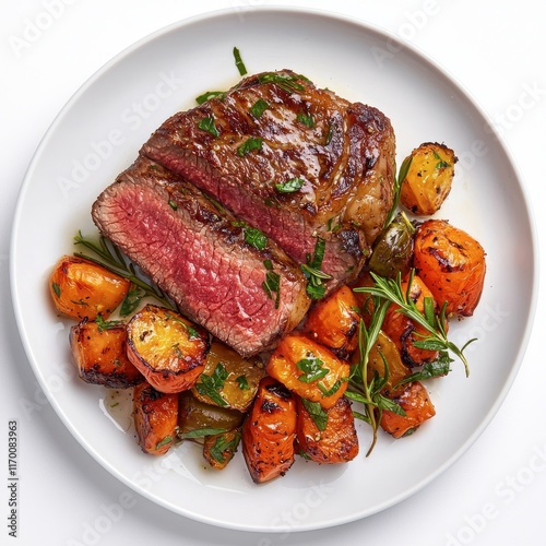 A perfectly cooked, golden-brown steak on a white plate, garnished with fresh herbs and vibrant vegetables, set against a white background, photo