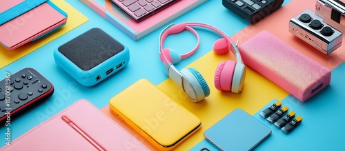 Colorful Tech Gadgets Flat Lay: Headphones, Speakers, and More photo