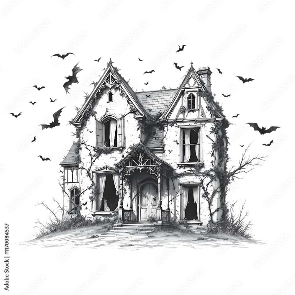 Pencil-Drawn Haunted House with Bats Pencil-Drawn Haunted House with Bats