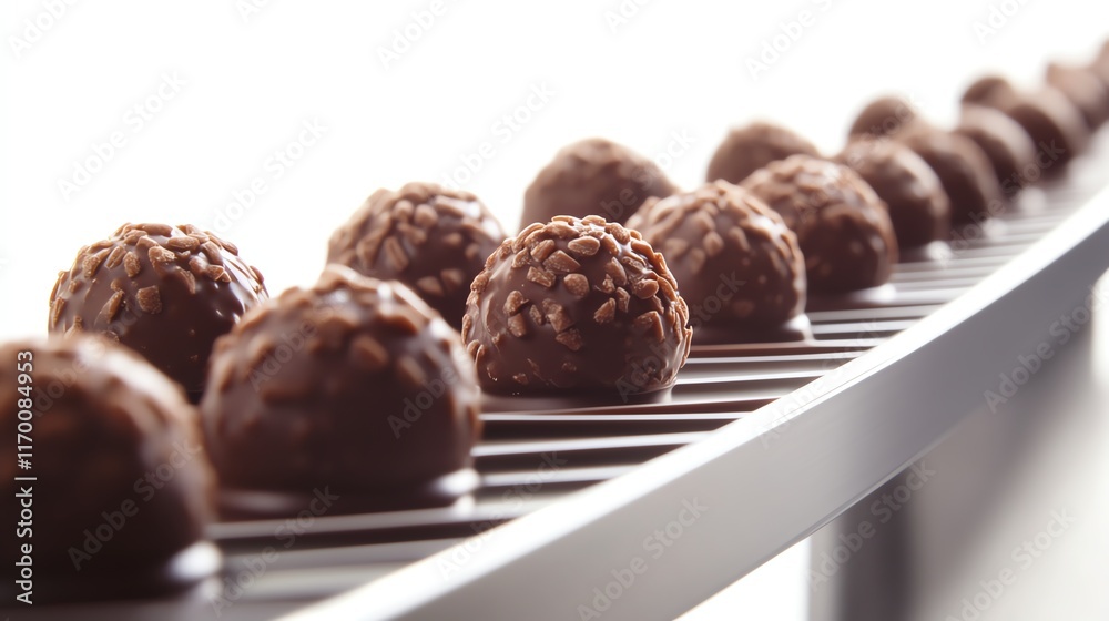Chocolate truffles lined up on a conveyor belt, white isolate background. Chocolate truffles lined up on a conveyor belt, white isolate background.