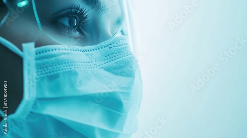 Close up of a healthcare worker wearing a medical disposable mask highlighting personal protective equipment in a clinical environment