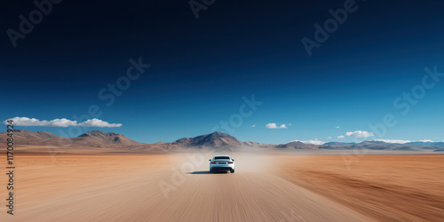 A car drives down a dusty road through a vast desert landscape, surrounded by mountains under a clear blue sky.