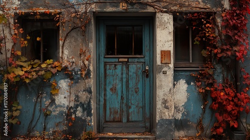 Autumn leaves on an old house's weathered door and walls photo