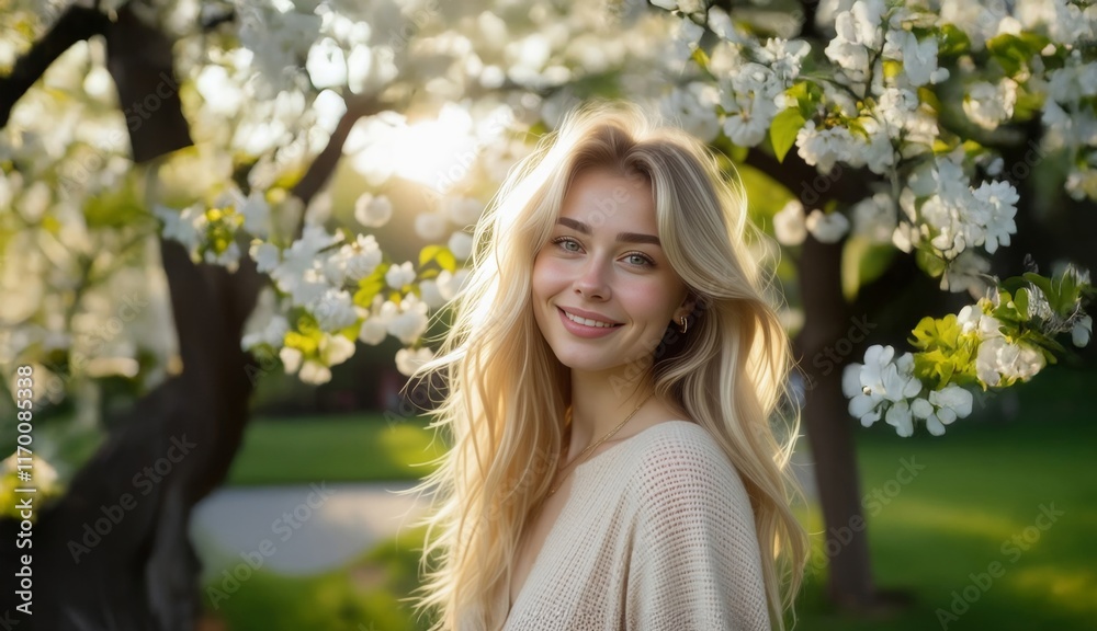 Happy woman portrait outdoor. Spring blossom background. Portrait of beautiful smiling woman with flowers. Woman face. Perfect natural skin. Happy woman portrait outdoor. Spring blossom background. Portrait of beautiful smiling woman with flowers. Woman face. Perfect natural skin.