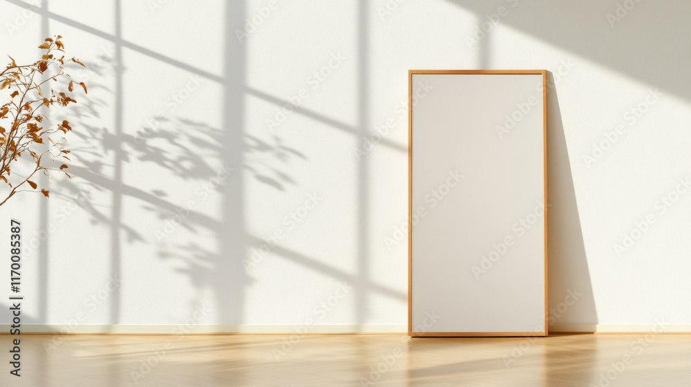 sleek rectangular mirror leaning against pristine wall, casting soft shadows. warm wooden frame complements minimalist decor, enhancing serene atmosphere sleek rectangular mirror leaning against pristine wall, casting soft shadows. warm wooden frame complements minimalist decor, enhancing serene atmosphere