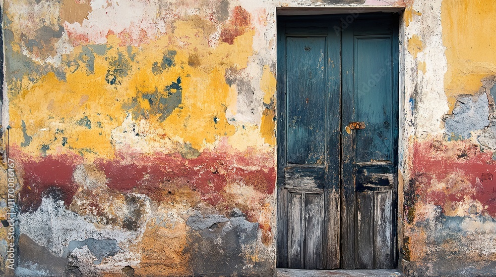 Naklejka premium Weathered Wall with Old Wooden Door: A Vintage Architectural Image