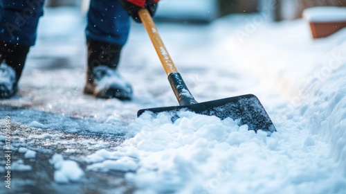 Obraz na płótnie Man clearing snow from driveway with shovel during winter home maintenance scene w salonie