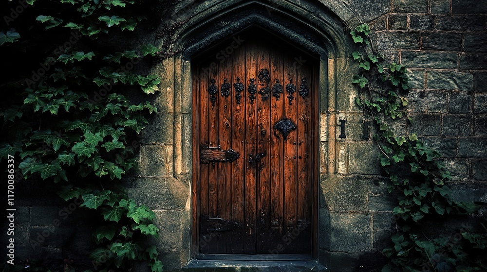Fototapeta premium Ancient Wooden Door in Stone Archway