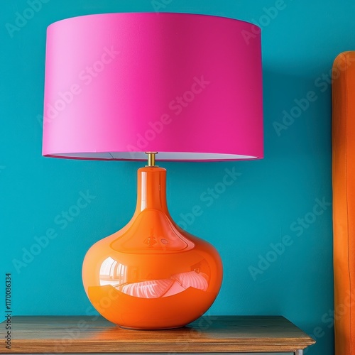 Retro lamp with a vibrant shade, adding a pop of color to a modern space, photographed professionally for a pleasing visual effect
