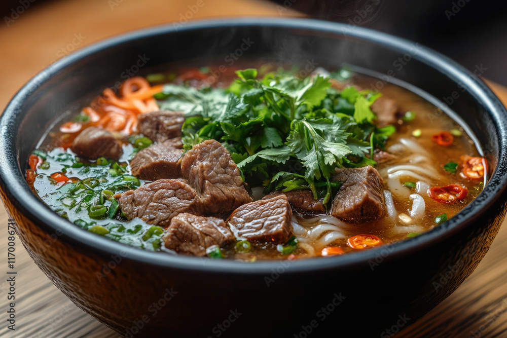 Steaming bowl of beef noodle soup, garnished with cilantro and chili.