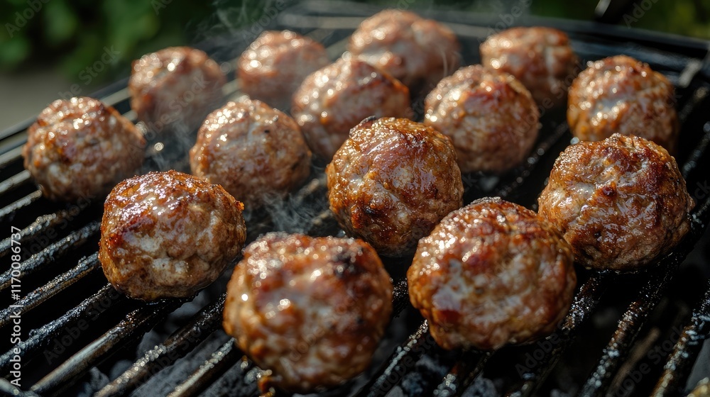 Juicy meatballs sizzling on a barbecue grill creating a delicious outdoor cooking experience during a sunny day gathering. Juicy meatballs sizzling on a barbecue grill creating a delicious outdoor cooking experience during a sunny day gathering.