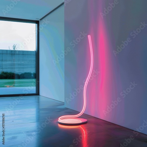 Futuristic lamp design with neon colors, illuminating a sleek modern room, photographed with professional expertise