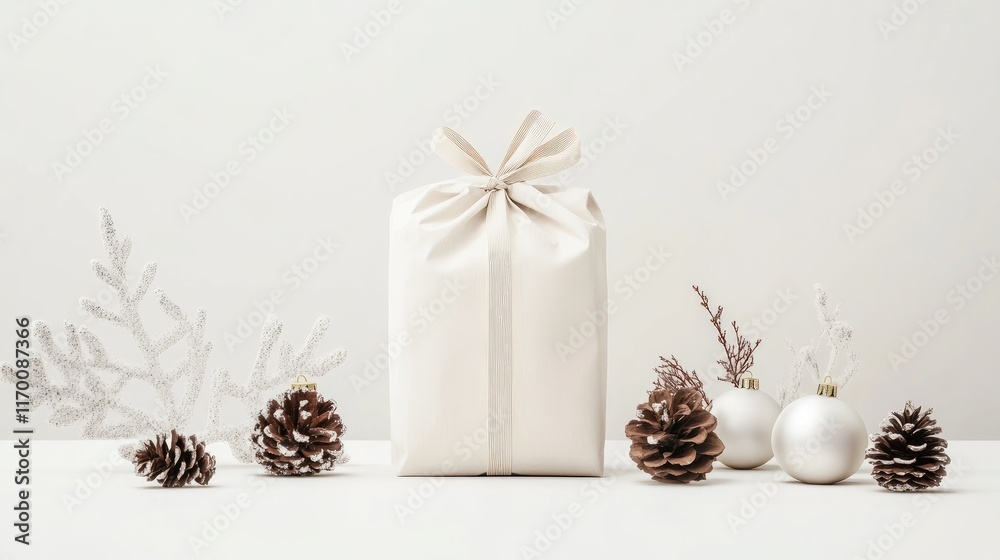 Elegant Minimalist Christmas Gift Mockup with Natural Elements and Neutral Colors in a Stylish Studio Setting Elegant Minimalist Christmas Gift Mockup with Natural Elements and Neutral Colors in a Stylish Studio Setting